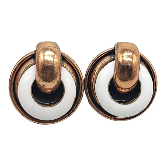 Matisse Renoir Copper Circle Clip On Earrings White Enamel Vintage Mid Century - Picture 1 of 4